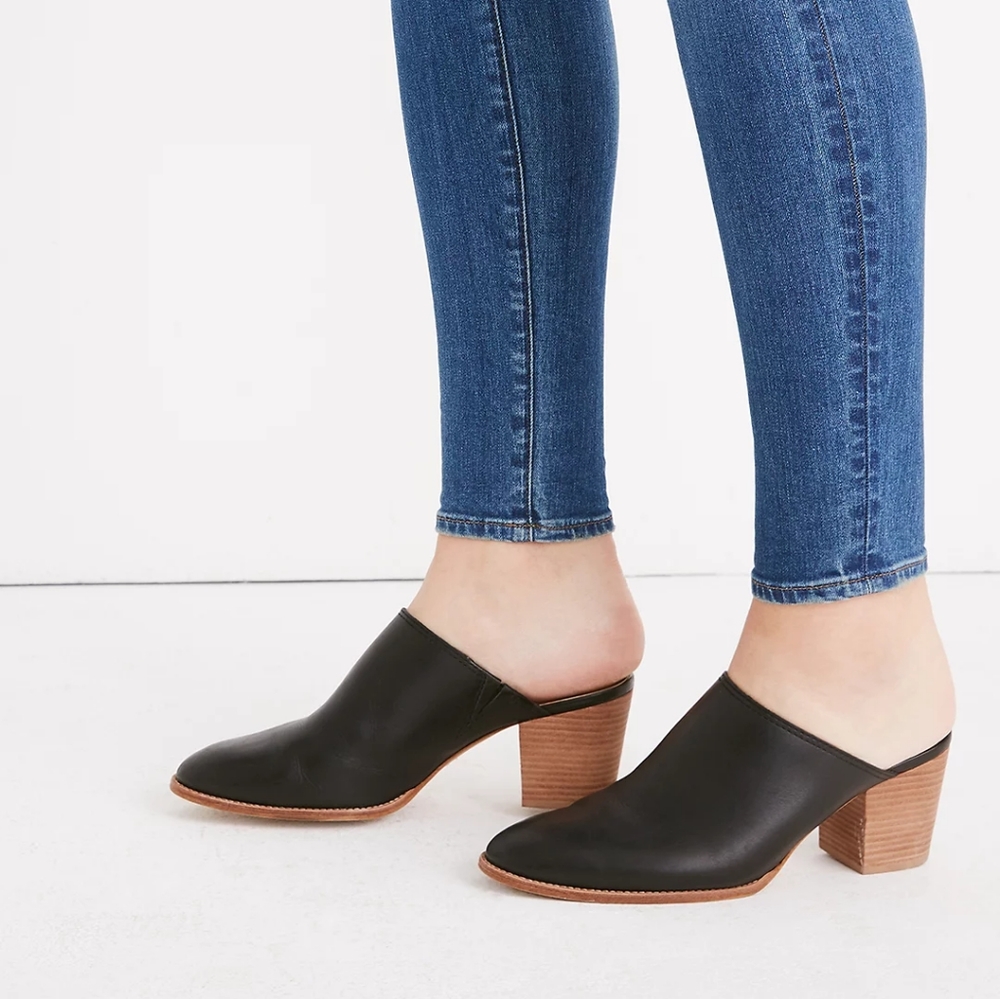 Madewell The Harper black leather heeled mules